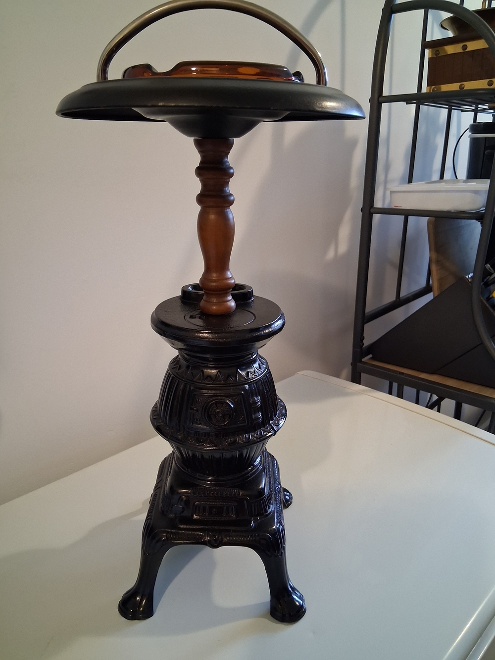 Vintage Potbelly Stove Smoking Stand with Amber Glass Ashtray 21” Tall Man Cave